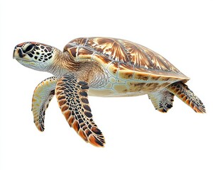 Obraz premium Realistic and Detailed Illustration of a Marine Turtle Swimming Gracefully in Clear Waters Against a White Background