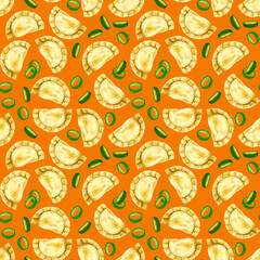 Watercolor dumplings seamless pattern. Food repetitive background. Asian food print with dumplings and spring onion. Perfect for wallpaper, fabric, wrapping, packaging, stationery, art and crafts.