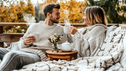 Couple enjoying hot drinks on autumn balcony.