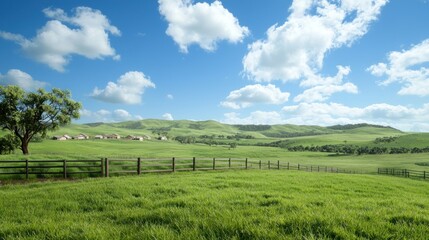 Sunny Day Landscape with Green Field and Rolling Hills