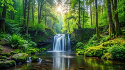 Serene forest clearing with a small, gently cascading waterfall surrounded by tall trees and vibrant greenery