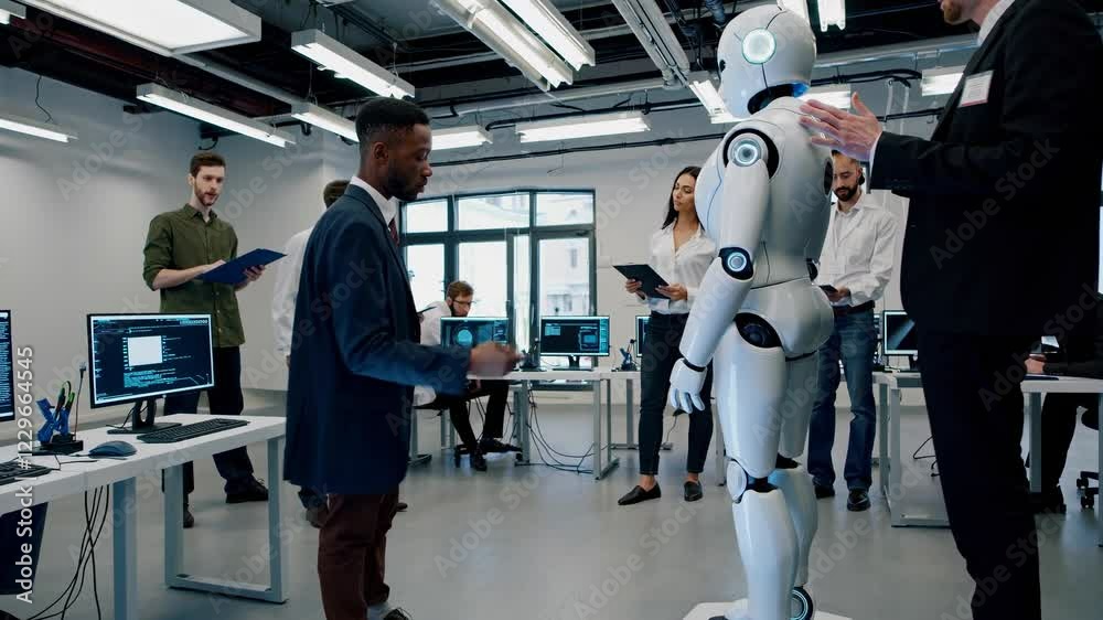 Poster exploring robotic interactions in a modern technology lab environment with futuristic hud and vfx el
