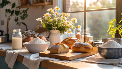 Fototapeta premium Breads and pastries, eggs, flour, and other baking ingredients in bowls, cutting board 