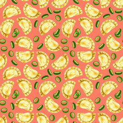 Watercolor dumplings seamless pattern. Food repetitive background. Asian food print with dumplings and spring onion. Perfect for wallpaper, fabric, wrapping, packaging, stationery, art and crafts.