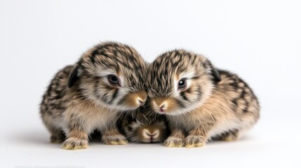 Two Brown Baby Rabbits Huddle Together on White Background