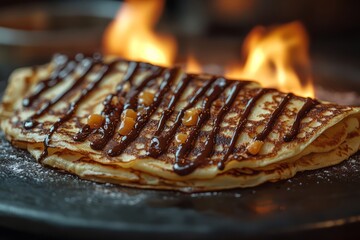 Delicious Crepes Drizzled With Chocolate And Topped With Caramelized Nuts, Served Near A Warm Fire. A Tempting Dessert For Any Occasion!
