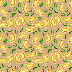 Watercolor dumplings seamless pattern. Food repetitive background. Asian food print with dumplings and spring onion. Perfect for wallpaper, fabric, wrapping, packaging, stationery, art and crafts.