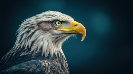 Fototapeta premium Majestic bald eagle head and shoulders profile against a dark blue background.