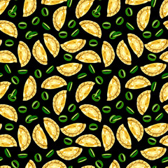 Watercolor dumplings seamless pattern. Food repetitive background. Asian food print with dumplings and spring onion. Perfect for wallpaper, fabric, wrapping, packaging, stationery, art and crafts.
