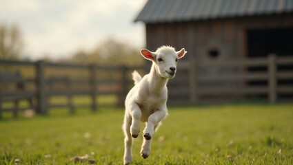 Obraz premium Adorable baby goat jumping in a green field near a wooden fence on a sunny day at a rural farm. 