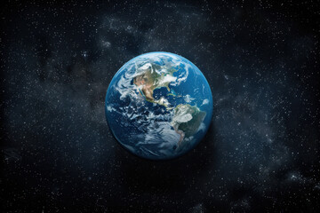 Fototapeta premium This captivating perspective showcases planet Earth surrounded by stars, highlighting its vibrant blue oceans and white cloud formations. A breathtaking sight in the cosmos.