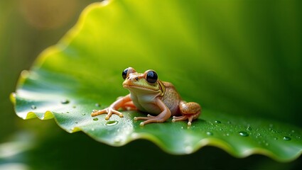 Naklejka premium Vibrant green frog perched on a wet leaf with raindrops under natural light in a rainforest.