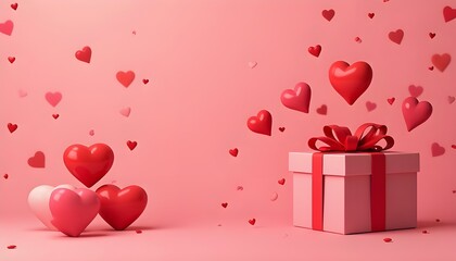 Stylish Valentines Day gifts with red hearts on pastel red background