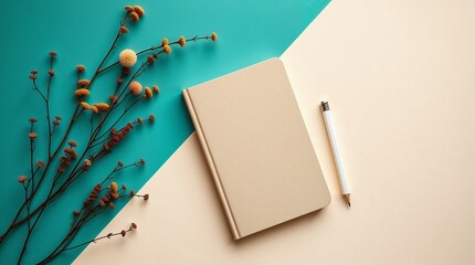 Minimalist beige notebook with a pen on a pastel turquoise surface under soft lighting.  