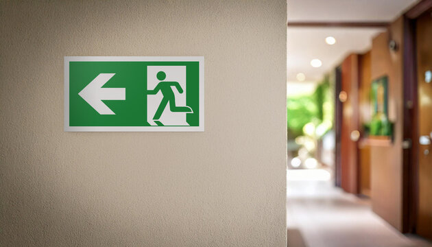 Emergency exit sign on the left on the wall. On the background, a blurred hotel corridor.