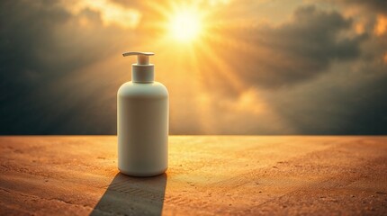 White lotion bottle placed on a wooden surface under a warm sunset glow.  