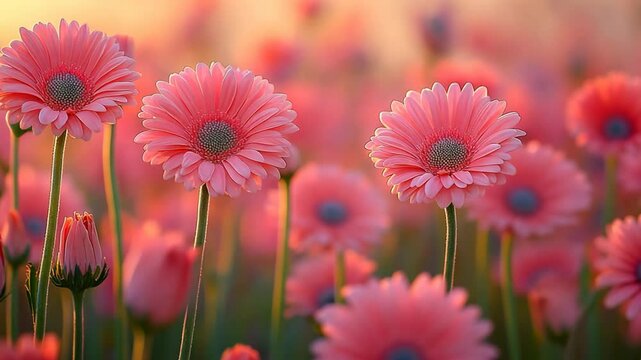 dreamy springtime pink gerbera flower field background,soft sunlight peaceful flower