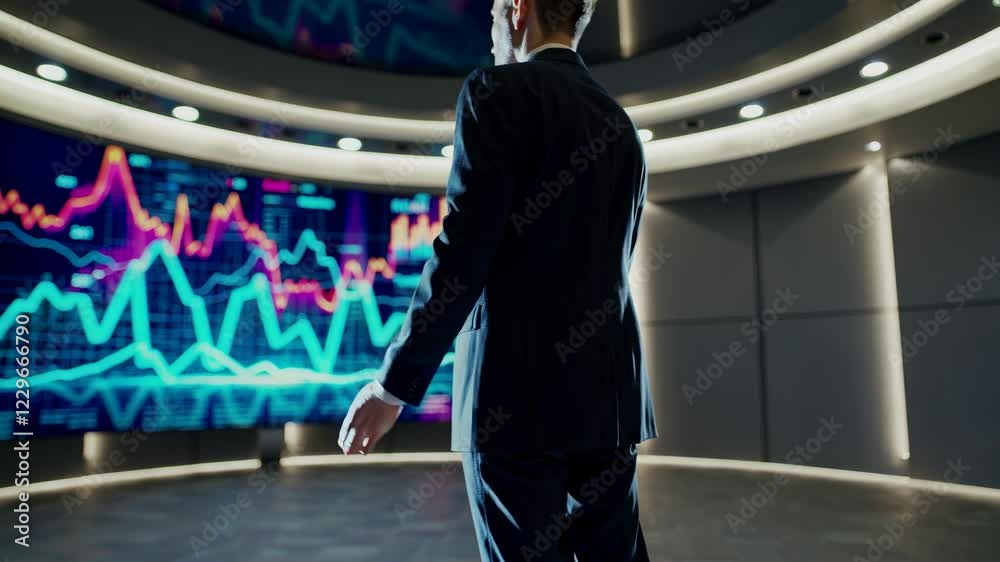 Poster exploring a futuristic environment with holographic data visuals and dynamic analytics display