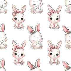 Cute Cartoon Bunny Pattern with Bows and Flowers