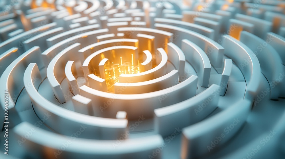 Poster a complex white maze coils inward, leading to a softly illuminated core. the design creates a sense 