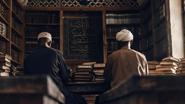 Islam Quran history learning concept, Two individuals in a library setting.