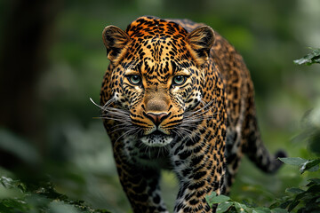 Fototapeta premium Majestic leopard walking through dense forest, showcasing its striking coat and intense gaze. powerful symbol of nature beauty