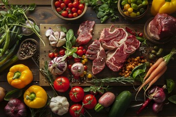 Raw lamb chops seasoned with spices and surrounded by fresh vegetables, creating a vibrant and appetizing display on a wooden cutting board