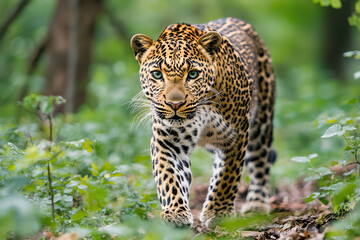 Fototapeta premium leopard walking through dense forest, showcasing its striking spots and keen gaze. lush greenery enhances wild beauty of this majestic animal