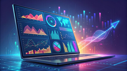 Futuristic digital marketing analytics interface with graphs and data visualizations, showcasing growth and trends