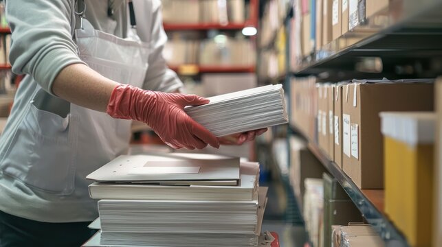 A detail-oriented library technician processing new books, adding labels and protective covers in a back-office workspace