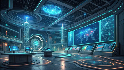 Futuristic smart business hub with advanced technology and interactive displays, showcasing global data and connectivity