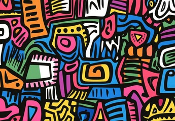 A vibrant abstract pattern featuring bold colors and geometric shapes, perfect for creative projects and artistic designs. Copy space