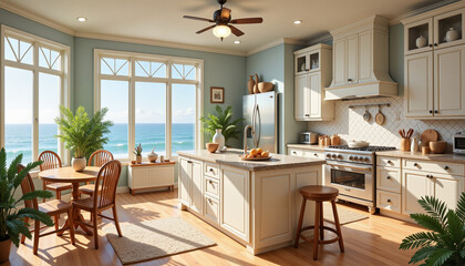 Bright coastal kitchen with ocean view, airy tranquility