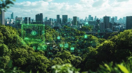 Obraz premium Futuristic green cityscape with holographic digital network overlay, showcasing environmental technology and smart urban innovation