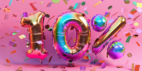 Ten percent discount balloons floating with falling confetti on pink background