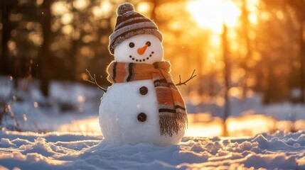 Obraz premium A cheerful snowman stands in the sunlight, surrounded by sparkling snow, evoking a sense of winter joy and holiday spirit. Copy space