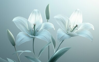 Obraz premium White lilies blooming on subtle blue background, soft light