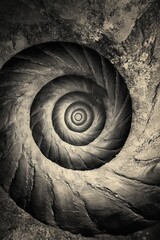 Fototapeta premium Monochrome image of a spiral stone staircase showcasing intricate design and texture, highlighting architectural beauty and depth.