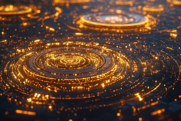 3D Rendering of Abstract Bitcoin Coin Design with Virtual Blockchain Technology