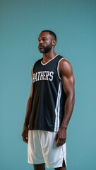 Fototapeta premium A father wearing a black sleeveless jersey and white basketball shorts on a plain aqua background