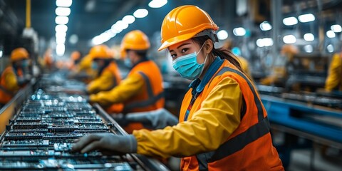 Workers handling e-waste in a recycling plant, highlighting sustainability and waste management processes. Ideal for environmental themes.