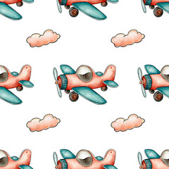 Cartoon Airplanes and Clouds Seamless Pattern