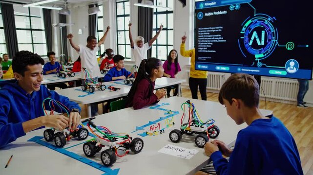 Students engage in robotics workshop exploring VFX and futuristic concepts with hologram displays and interactive HUD technology