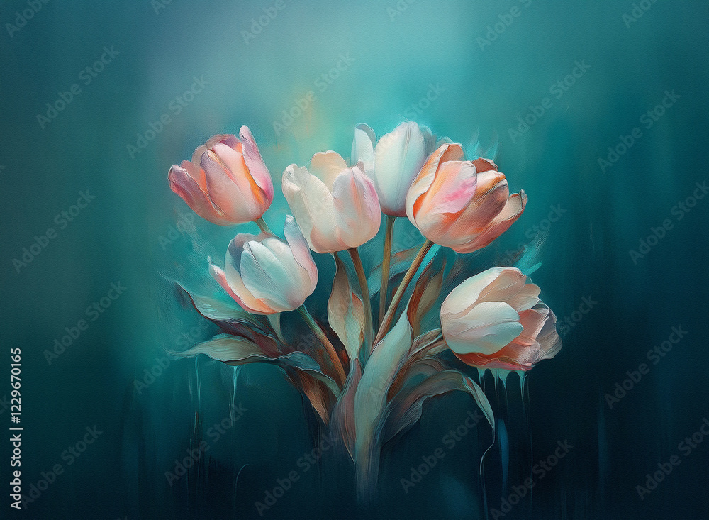 Aufkleber A dreamy bouquet of five tulips in soft peach and white hues, rendered in a painterly style against a blurred teal background.  The tulips appear to be melting slightly, creating a surreal effect.
