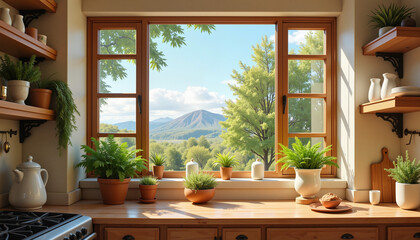 Airy kitchen with open windows showcasing fragrant herbs, serenity