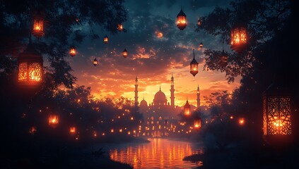 Twilight Lanterns Floating Near Silhouetted Domed Palace


