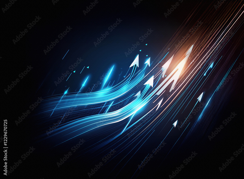 Poster dynamic abstract artwork featuring glowing, streaking arrows moving upward, suggesting rapid growth 