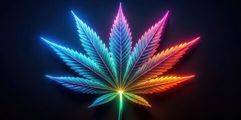 A glowing neon cannabis leaf illuminates a dark background with vibrant colors and intricate details, showcasing its unique texture and radiant appearance , glowing, digital art