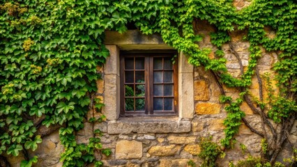 Ivy crawling up old stone wall with overgrown branches covering a single window, foliage, ivy,  foliage,ivy, nature