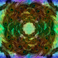 Obraz premium Peacock feathers on watercolor background. A collage of feathers on the background of watercolors. Seamless pattern. A collage of feathers. Repeating pattern of feathers.